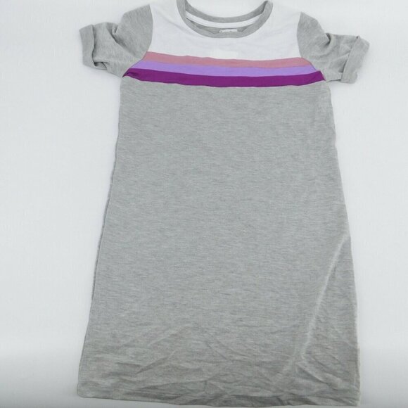 Girls T-shirt Dress Midi Short Sleeves Gray Grey Purple Crew Neck - Picture 1 of 5